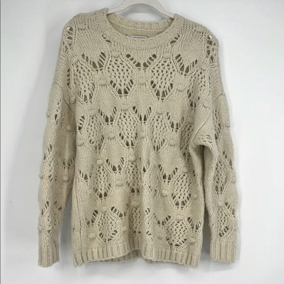 American Eagle Pom Pom Open Knit Sweater Cream XS Cozy Crew Coastal Preppy Boho - Picture 1 of 9